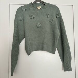 Crochet Flower Accent Cropped Sweater in Sage Green